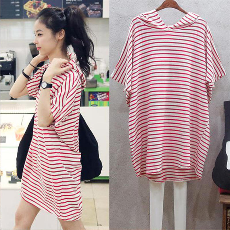 Korean Style A Line Shirt Dress - 夏の新韓国スタイルルーズバットウィングスリーブ Tシャツドレス女性のトレンディなミッドレングスストライプカジュアルベーシック A ラインドレス