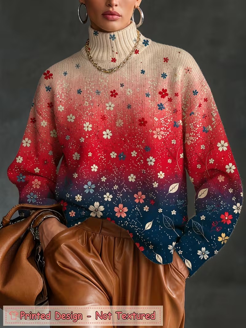 Blouses - レディース タートルネック Tシャツ グラデーションの花柄プリント 長袖 プルオーバー