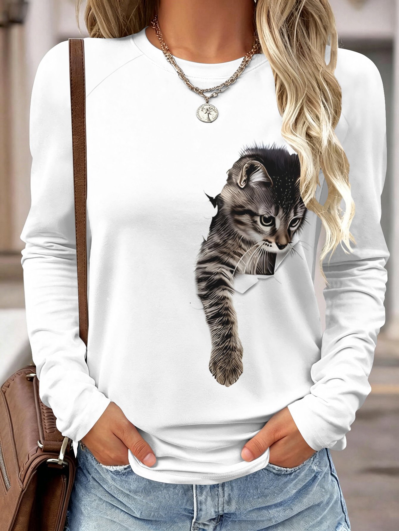 Blouses - レディース 長袖シャツ ポケット付き 猫の3Dプリント ラウンドネック ラグラン袖