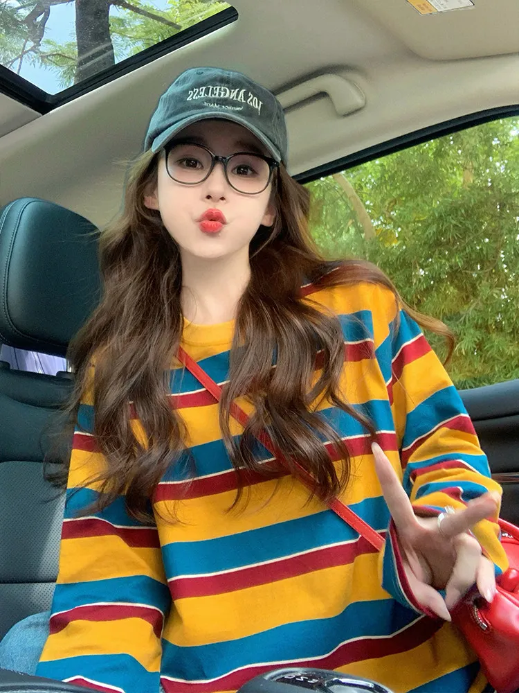 Blouses - レディース、カラーブロック、ストライプ柄、長袖Tシャツ、クルーネック、ゆったりとしたシルエット、カジュアル、レトロ、イエロー、ブルー、レッド、ストライプ、ベーシック、普段使い、ストリートウェア。
