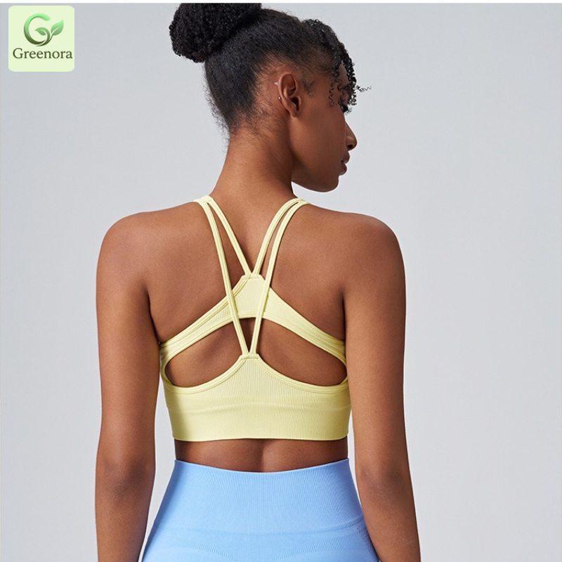 Seamless Ribbed Workout Tank Top - Greenora シームレスリブスポーツブラ 女性用 ペールイエロー パッド入り ヨガ