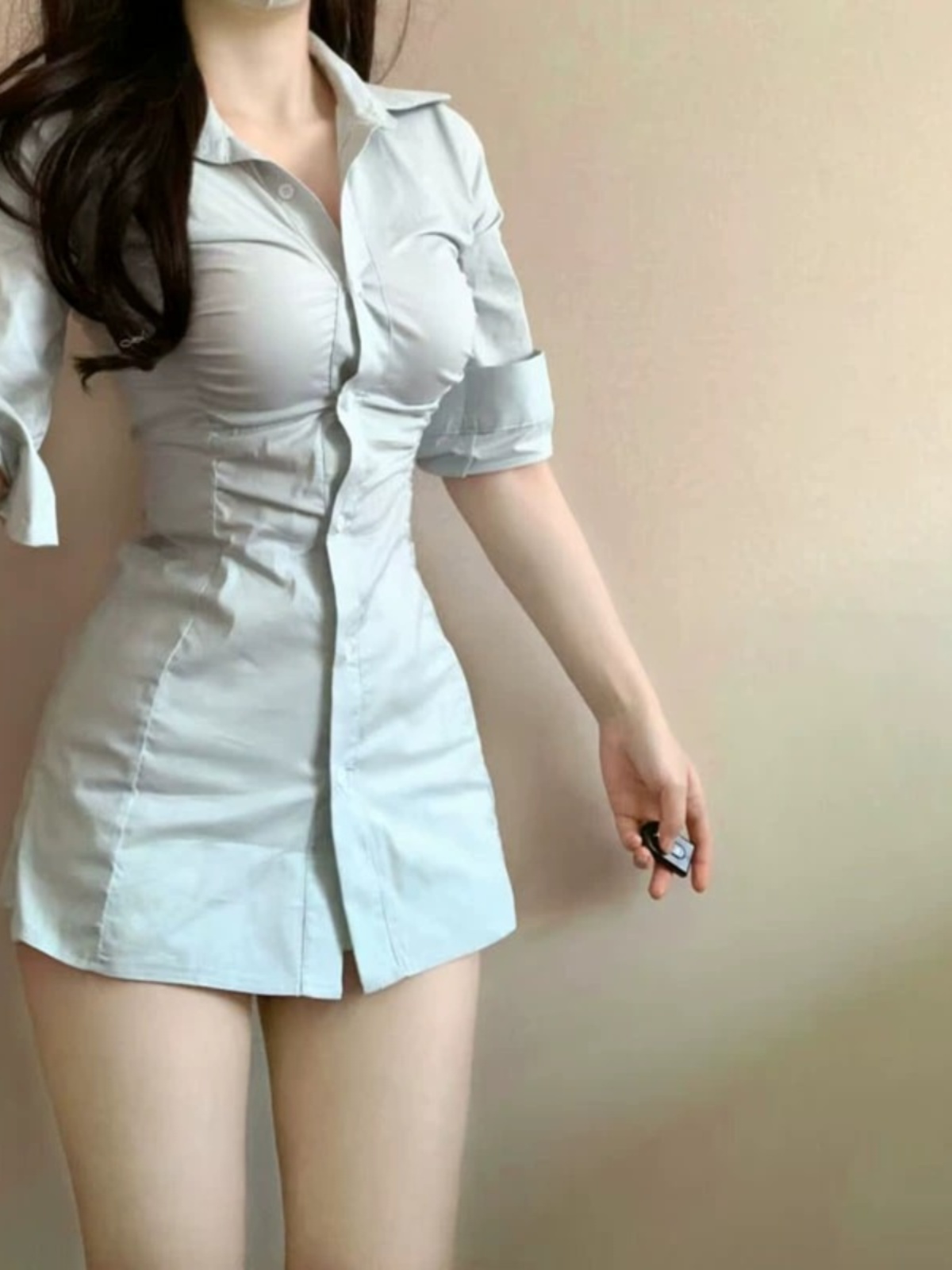 Korean Style A Line Shirt Dress - セクシーなプリーツ入りウエストシェイプシャツワンピース 韓国風Aラインミニスカート 若い女性向け 秋の通勤用 半袖ポロ襟