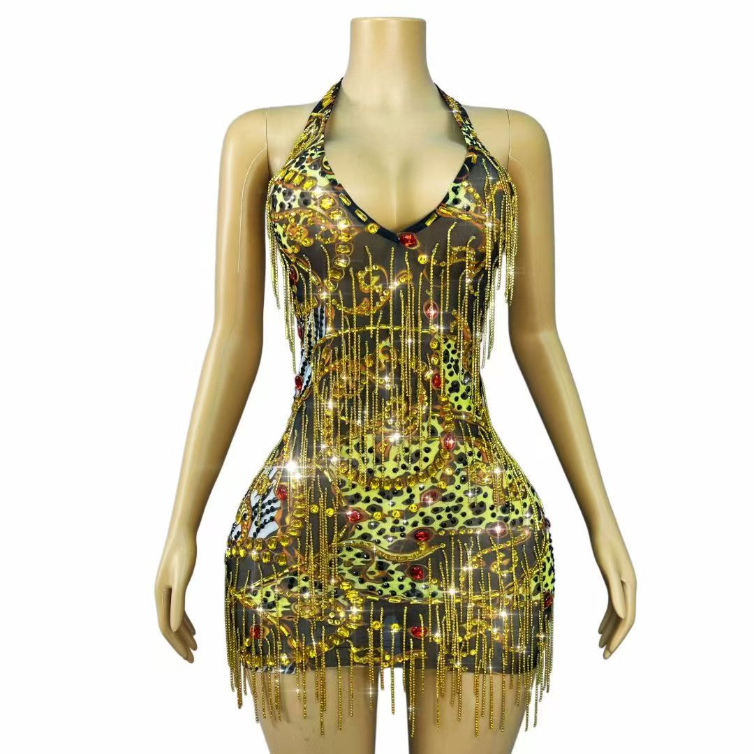 Sparkly Rhinestone Club Party Dress - キラキラ輝くゴールドラインストーンチェーン付きボディコンミニドレス ホルターネック Vネック レディース ナイトクラブ パーティー