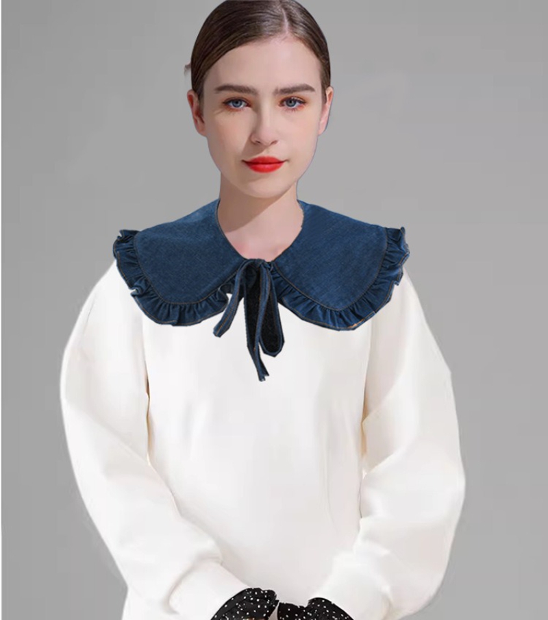 Blouses - 甘いブルーのデニム素材、フリル付き、取り外し可能な襟、女性用、ショールカラー、セーター、ブラウス、装飾用ショルダーケープ。