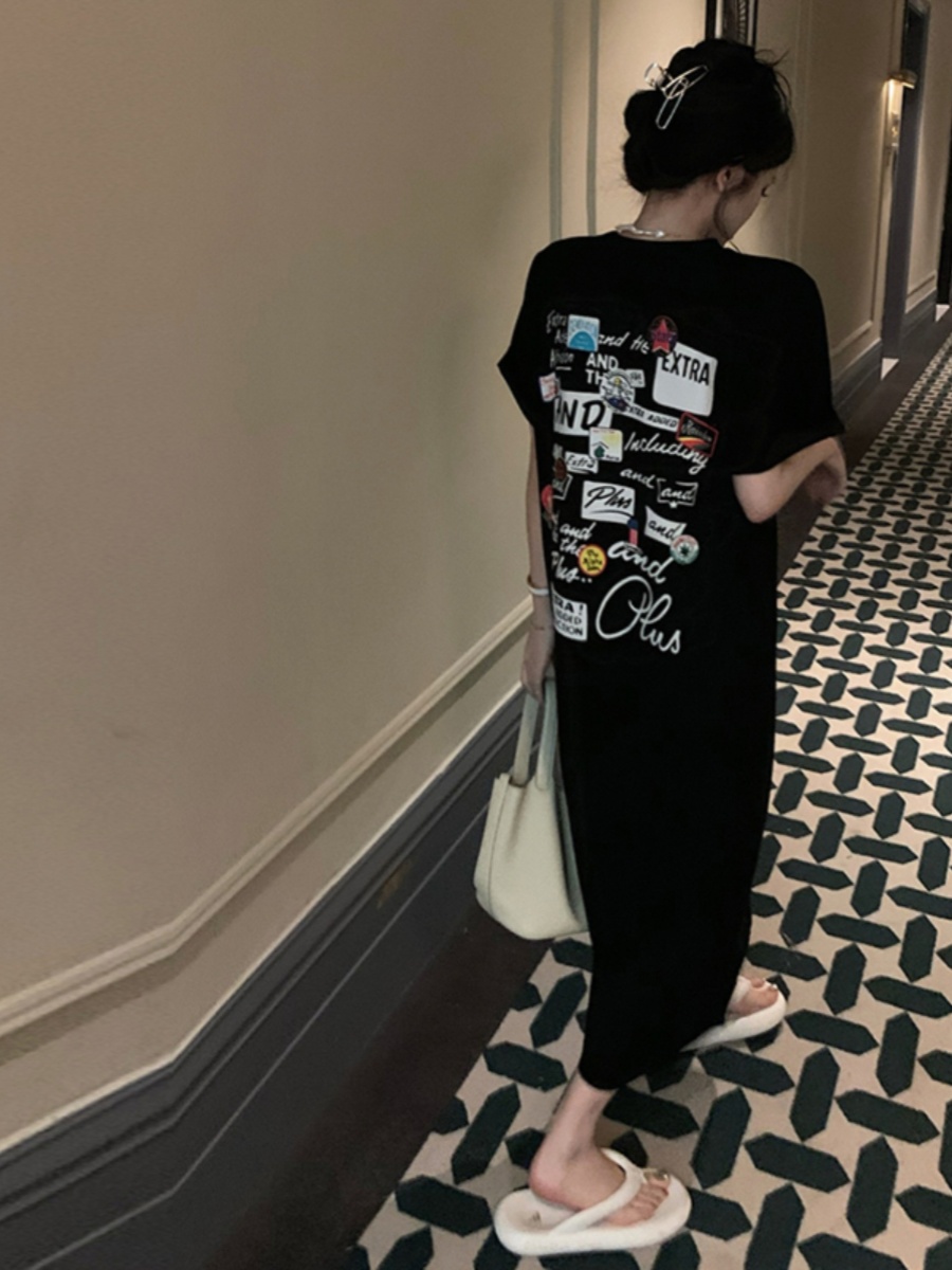 Korean Style A Line Shirt Dress - 黒半袖 Tシャツドレス女性夏ルーズミディ膝丈ガウンバックプリントドレープ A ライン韓国スタイルドレス