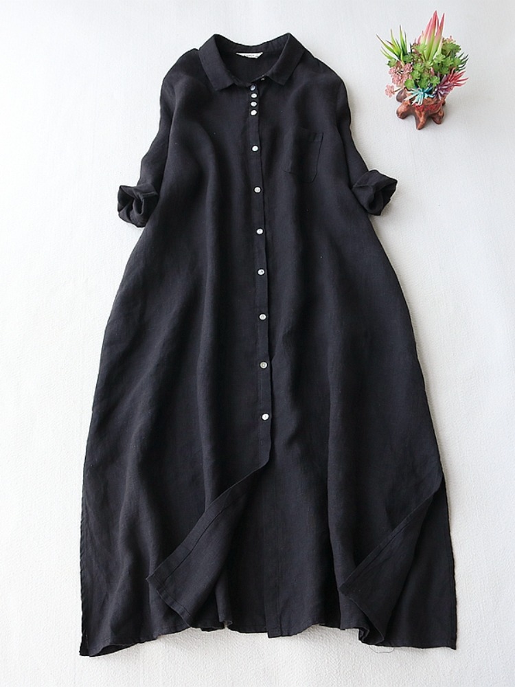Casual Loose Linen Shirt Dress - 芸術的なリネン素材のワンピース、女性用、春物、ゆったりとしたシャツ風のデザイン、長袖、ローブ風、ドールシャツドレス、カジュアル、ハイウエスト、Aラインスカート。
