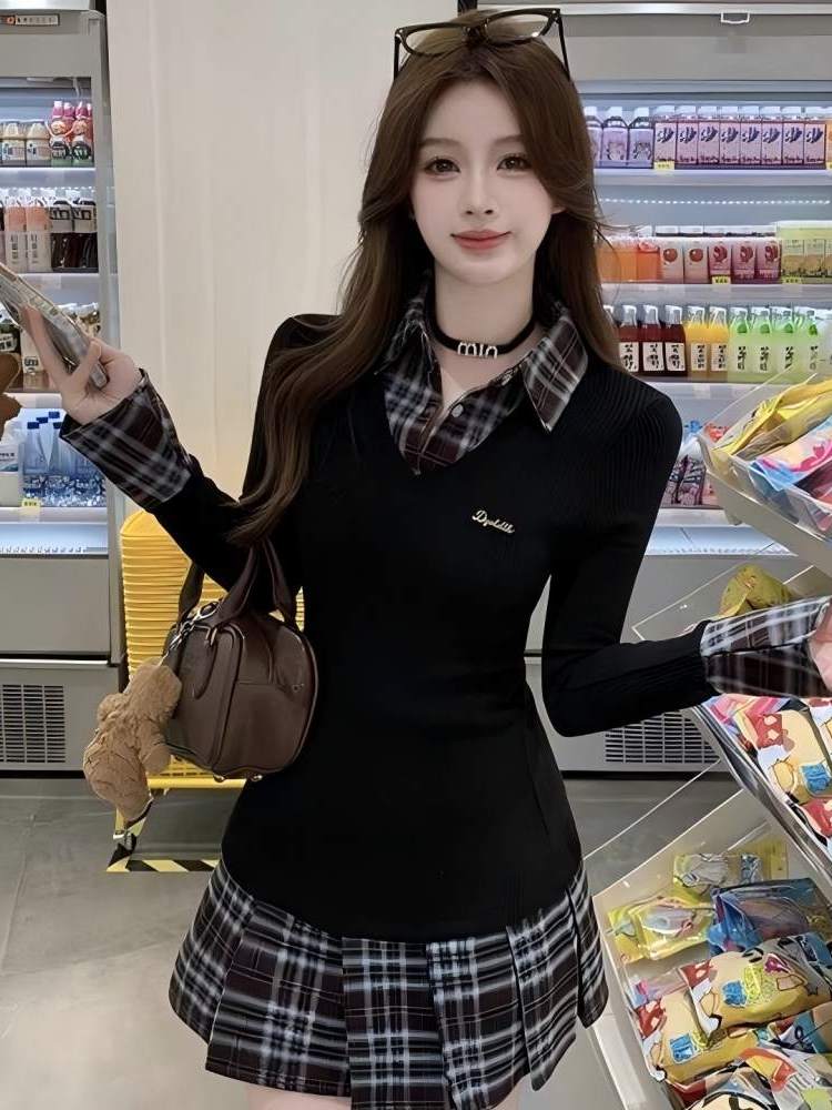 Korean Style A Line Shirt Dress - 韓国風スリムフィットポロ襟Aラインシャツワンピース レディース スウィートチェック柄スプライシングプリーツワンピース 長袖プリント生地