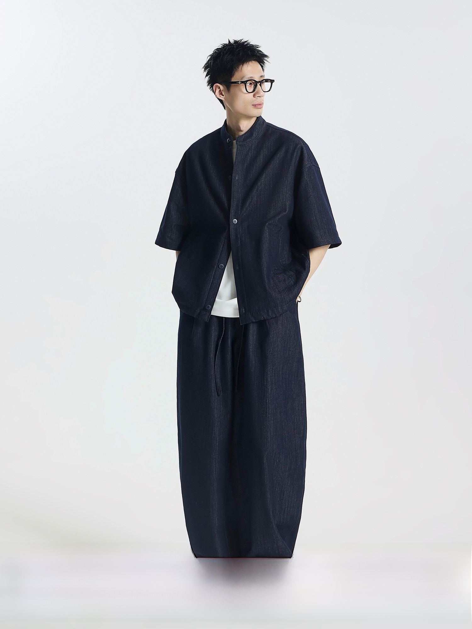 Jeans - E77 ダーウィンオリジナルデニム発酵ウォッシュカジュアルシャツ半袖長ズボンヴィンテージソフトジーンズセットメンズ春夏コットンポリエステル