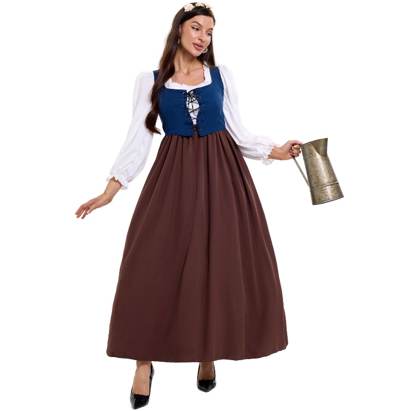Skirts - 女性用、ヴィンテージ風の農婦衣装。スクエアネック、レースアップデザインのベスト、パフスリーブの長袖トップス、ハイウエストのマキシスカート。コスプレやロールプレイに最適な衣装。