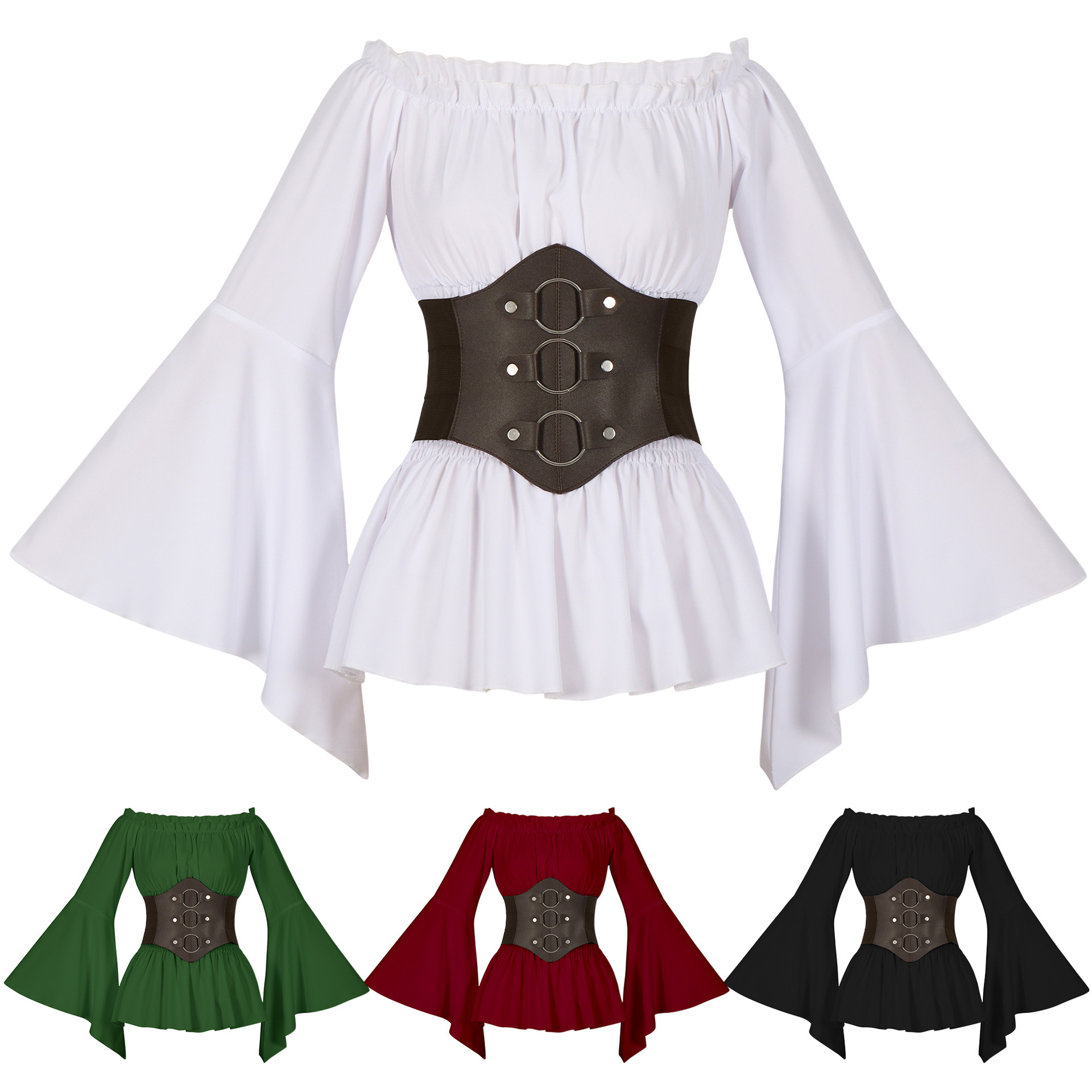 Blouses - 中世風のヴィクトリア朝海賊風シャツ、オフショルダー、レトロなカジュアルブラウス、長袖のフリル付き、コルセット風トップス、ハロウィーンの仮装衣装。