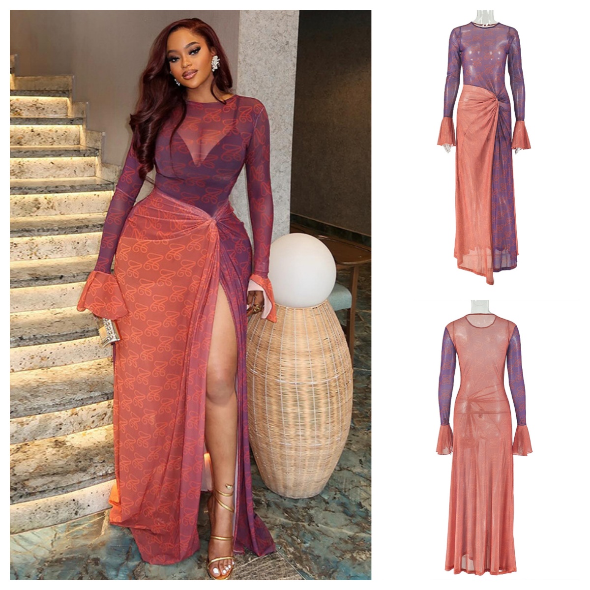 Sexy Mesh Sheer Bodycon Dress - Y2k レトロセクシーな女性用シアーメッシュグラデーションプリントハイ スリットマキシドレスフレアスリーブカフツイストルーシュドボディコンナイトクラブガウン