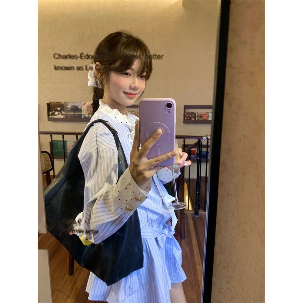 Korean Style A Line Shirt Dress - 韓国風スイートスクールスタイルストライプスプライシング長袖シャツワンピース レディース秋ウエストシンチングスリムAラインミニスカート