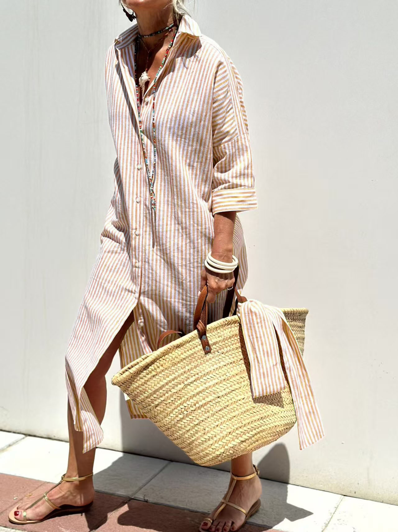 マキシ丈ベルト付きサマーリネン風ロングチュニックドレス レデ - Casual Loose Linen Shirt Dress のレビューと価格