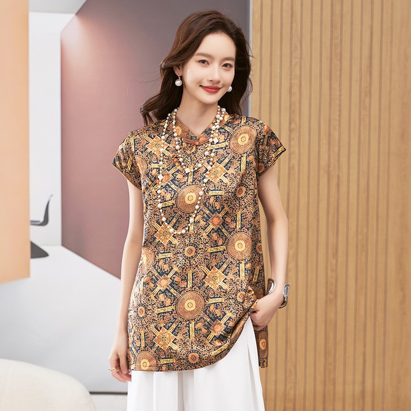 女性用ブラウス半袖ラウンドネックトップマンダリンカラーチュニ - Blouses のレビューと価格