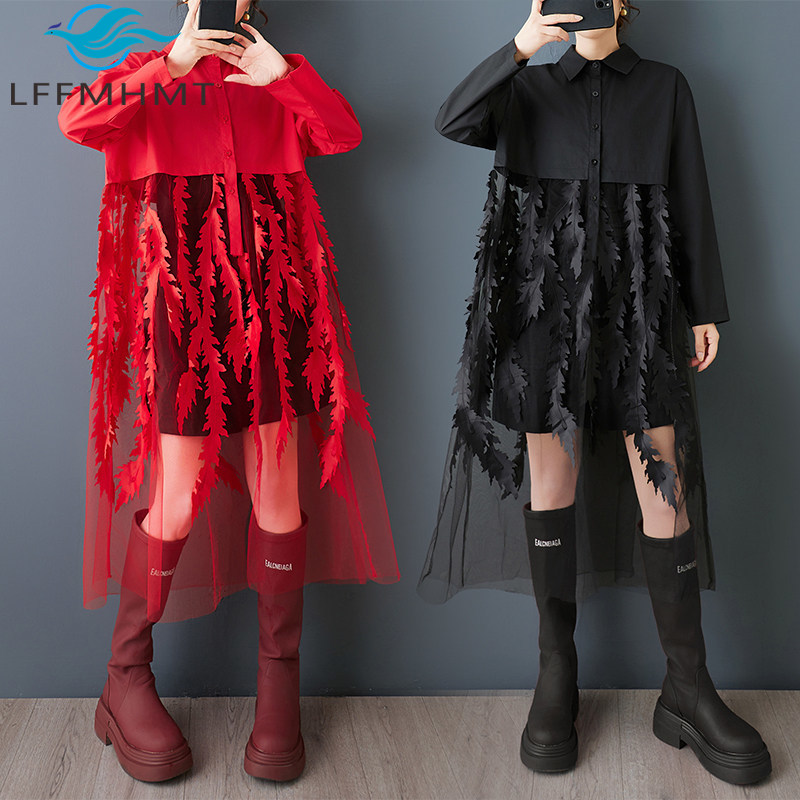 春の新作ルーズ花柄シャツドレス女性のための韓国スタイルクリエ - Korean Style A Line Shirt Dress のレビューと価格