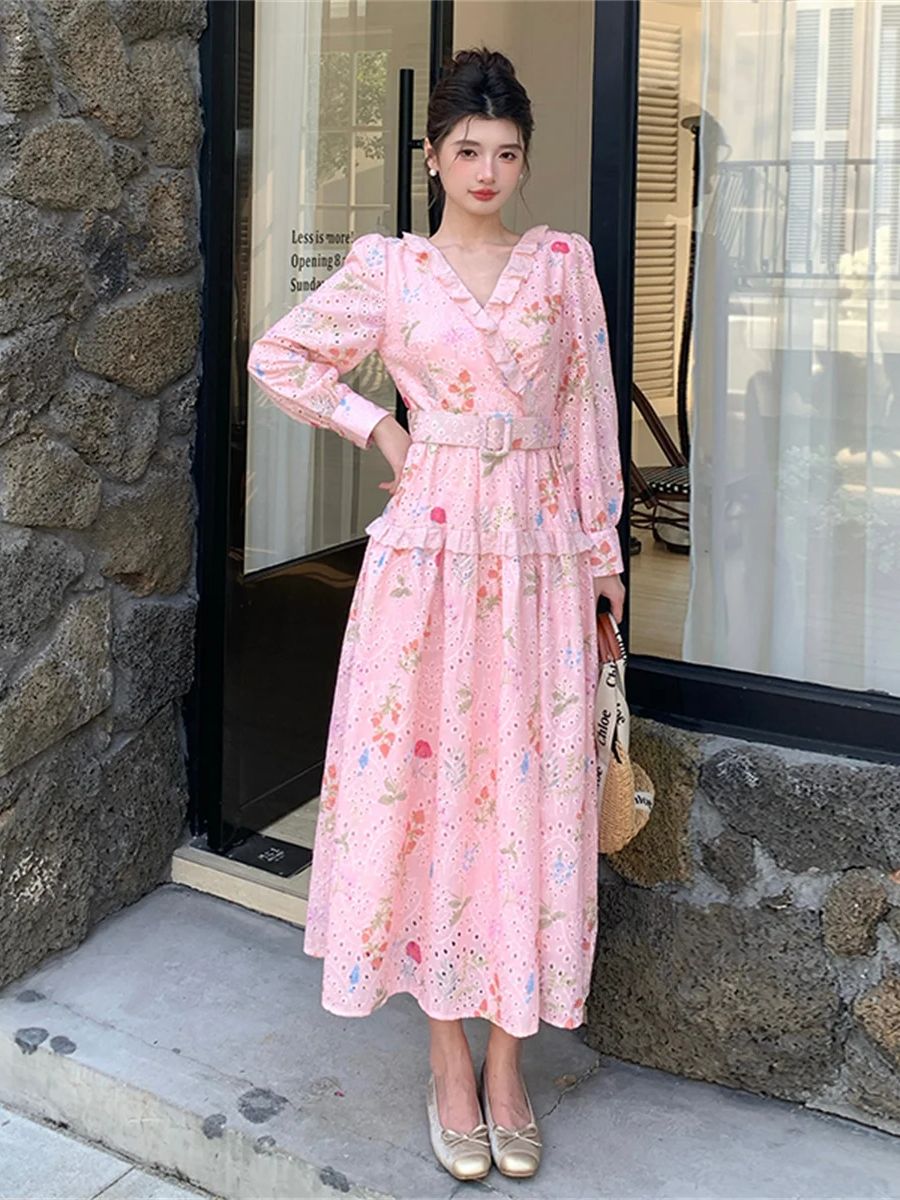 フランスのロマンチックスタイル、ランタン袖の花柄ミディ丈ワン - French Vintage Floral Midi Dress のレビューと価格