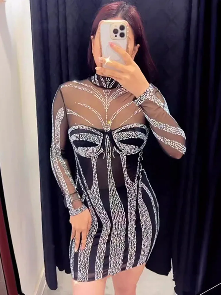 女性のためのきらびやかなダイヤモンドラインストーンのバースデ - Sexy Mesh Sheer Bodycon Dress のレビューと価格