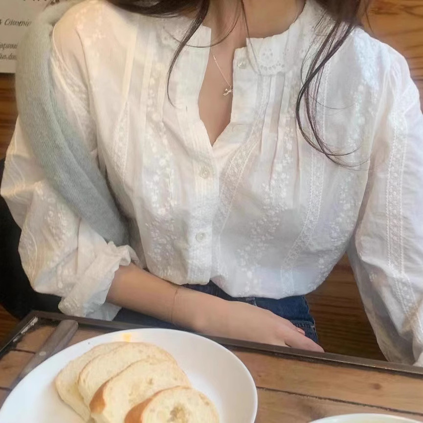 レディース ホワイト アイレット刺繍ブラウス レースフリル襟 - Blouses のレビューと価格