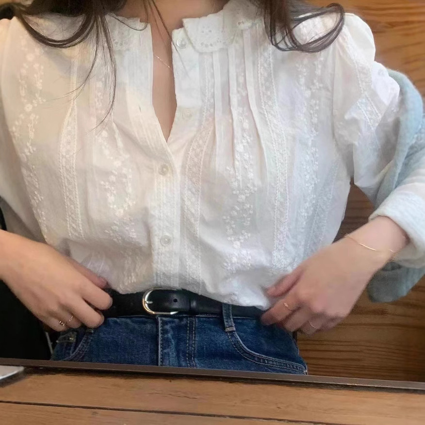 レディース ホワイト アイレット刺繍ブラウス レースフリル襟 - Blouses のレビューと価格