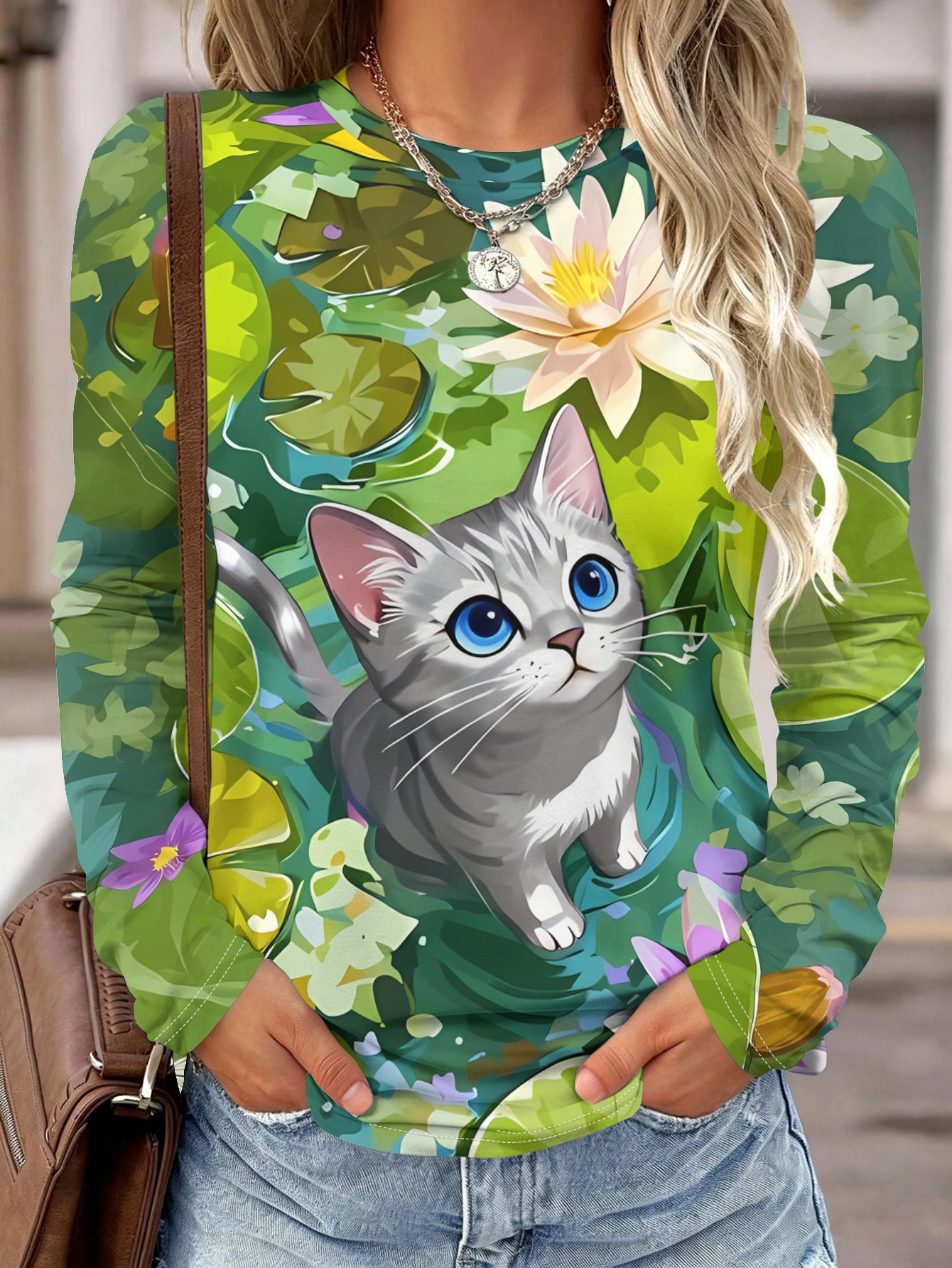 レディース 長袖シャツ ポケット付き 猫の3Dプリント ラウ - Blouses のレビューと価格