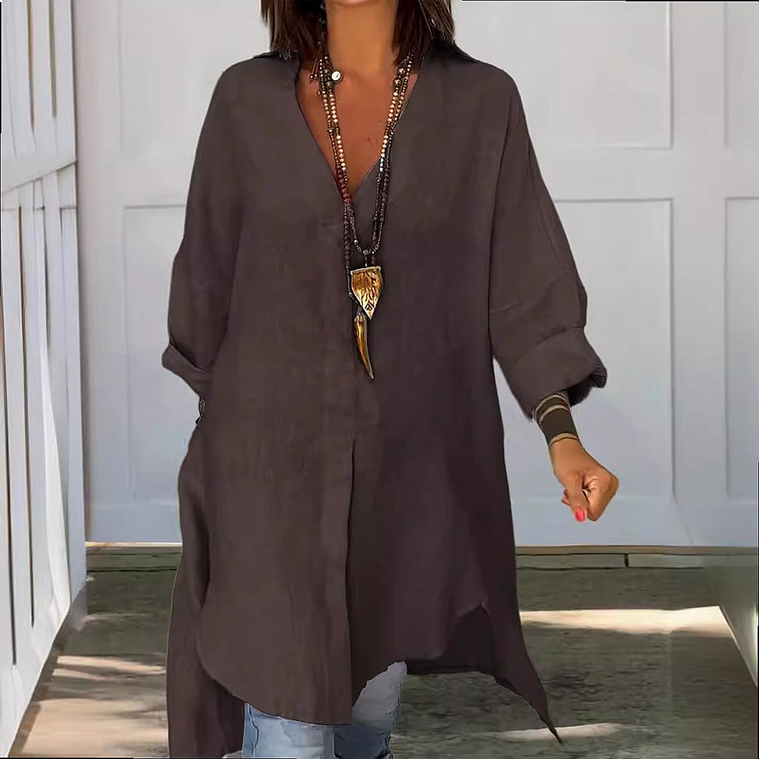 レディース リネンシャツワンピース ゆったりとしたカジュアル - Casual Loose Linen Shirt Dress のレビューと価格