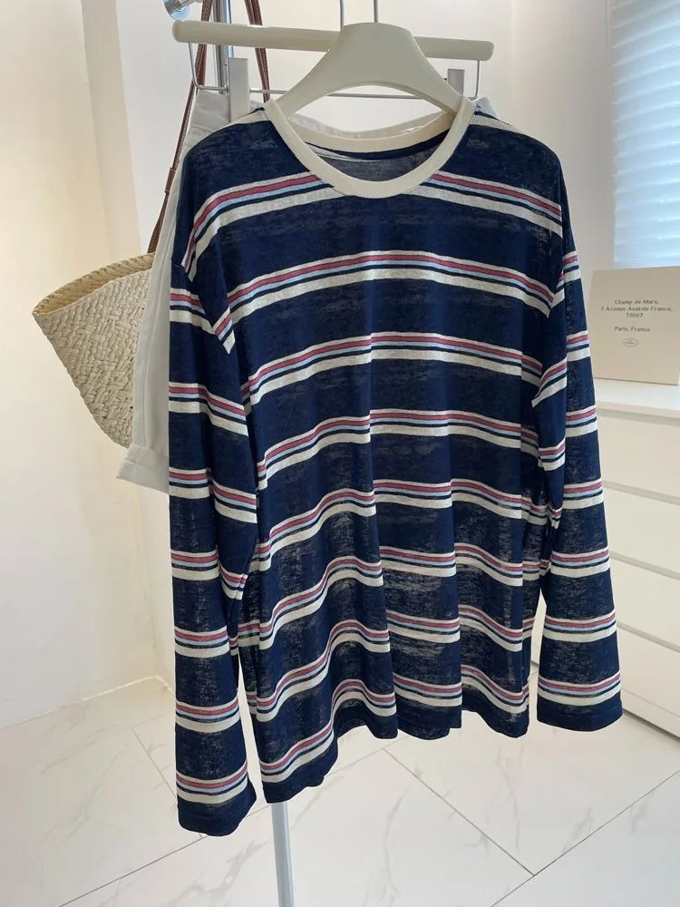女性用、ミニマルなデザインの青と白のストライプ柄、長袖トップ - Blouses のレビューと価格