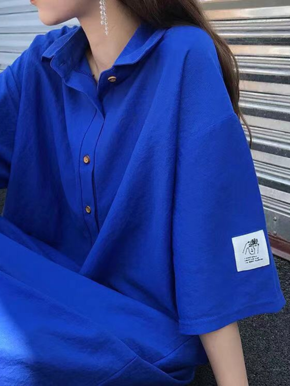 プラスサイズのシャツドレス痩身お腹カバーミッドレングスブルー - Korean Style A Line Shirt Dress のレビューと価格