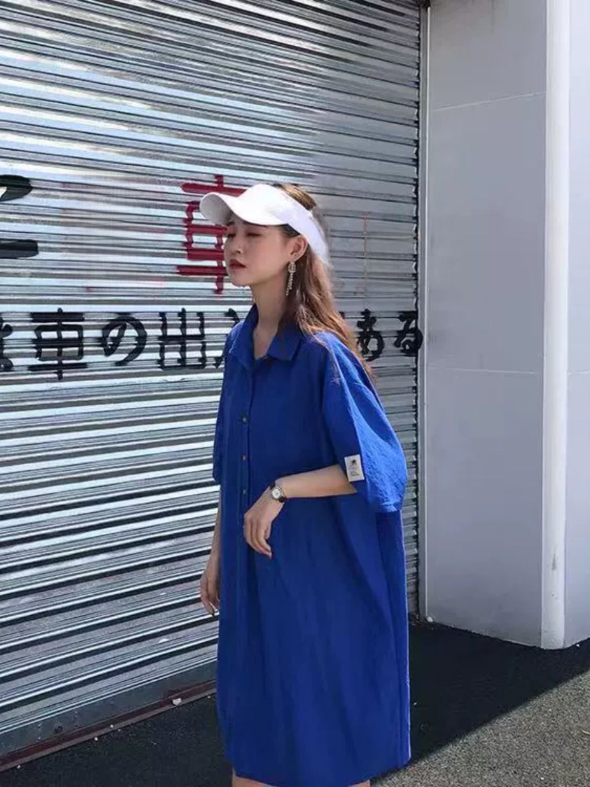 プラスサイズのシャツドレス痩身お腹カバーミッドレングスブルー - Korean Style A Line Shirt Dress のレビューと価格