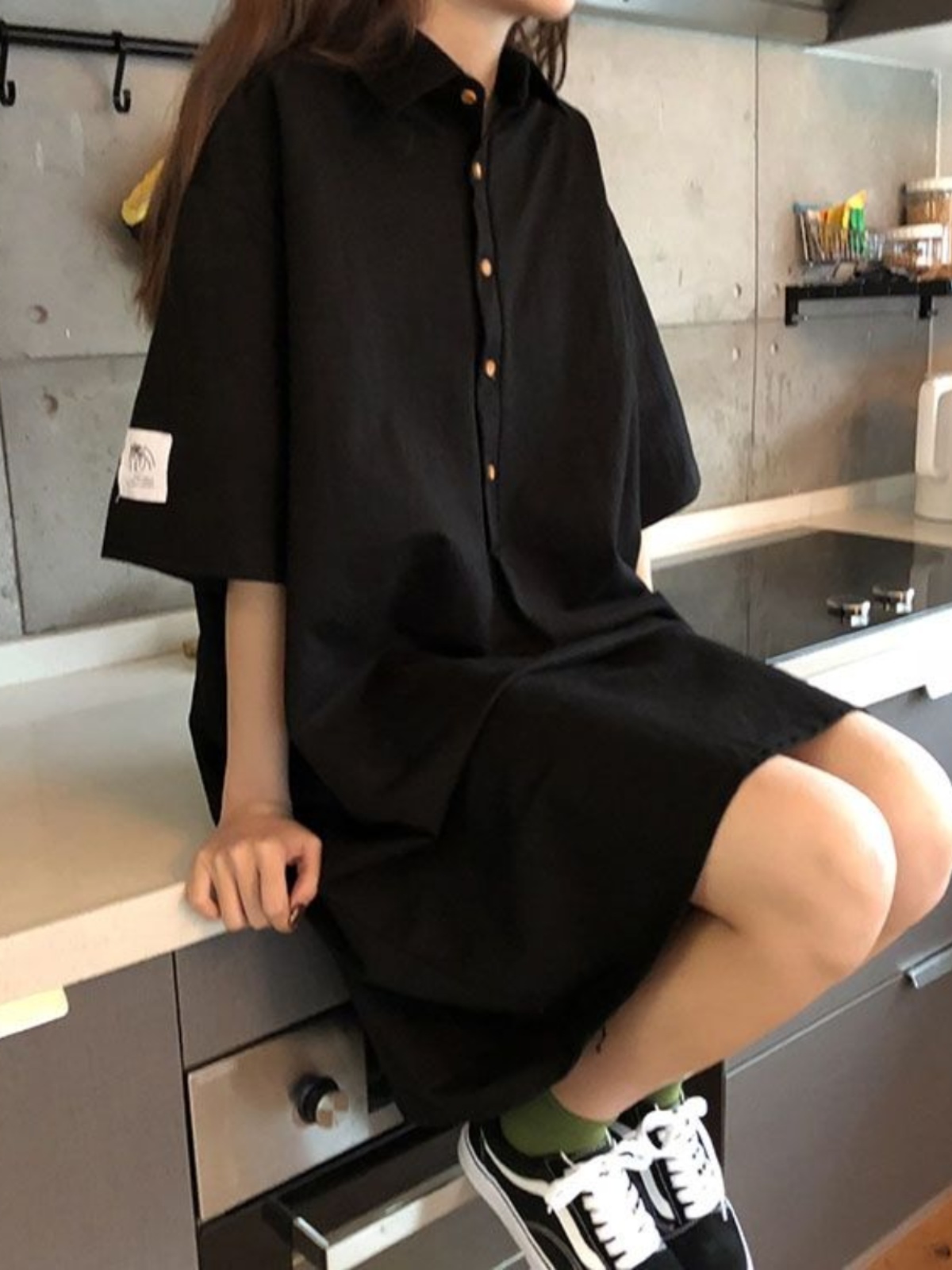 プラスサイズのシャツドレス痩身お腹カバーミッドレングスブルー - Korean Style A Line Shirt Dress のレビューと価格