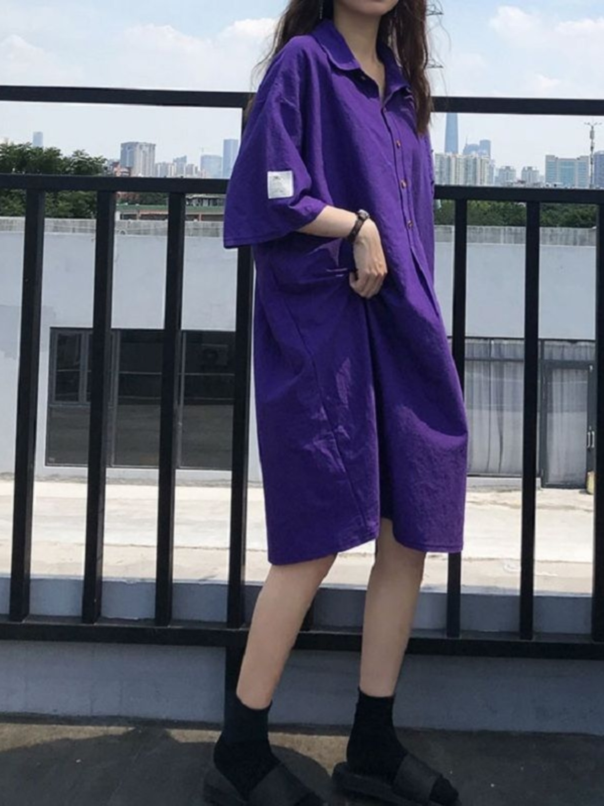 プラスサイズのシャツドレス痩身お腹カバーミッドレングスブルー - Korean Style A Line Shirt Dress のレビューと価格