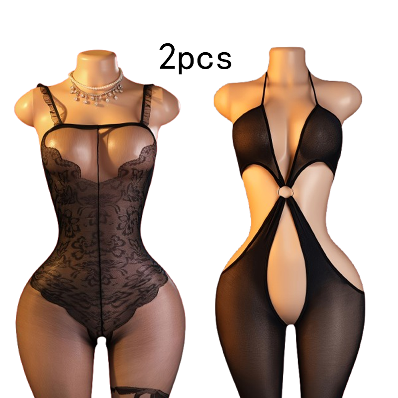 2点セット – 黒のセクシーなカットアウトデザインの魚網模様 - Lingerie のレビューと価格