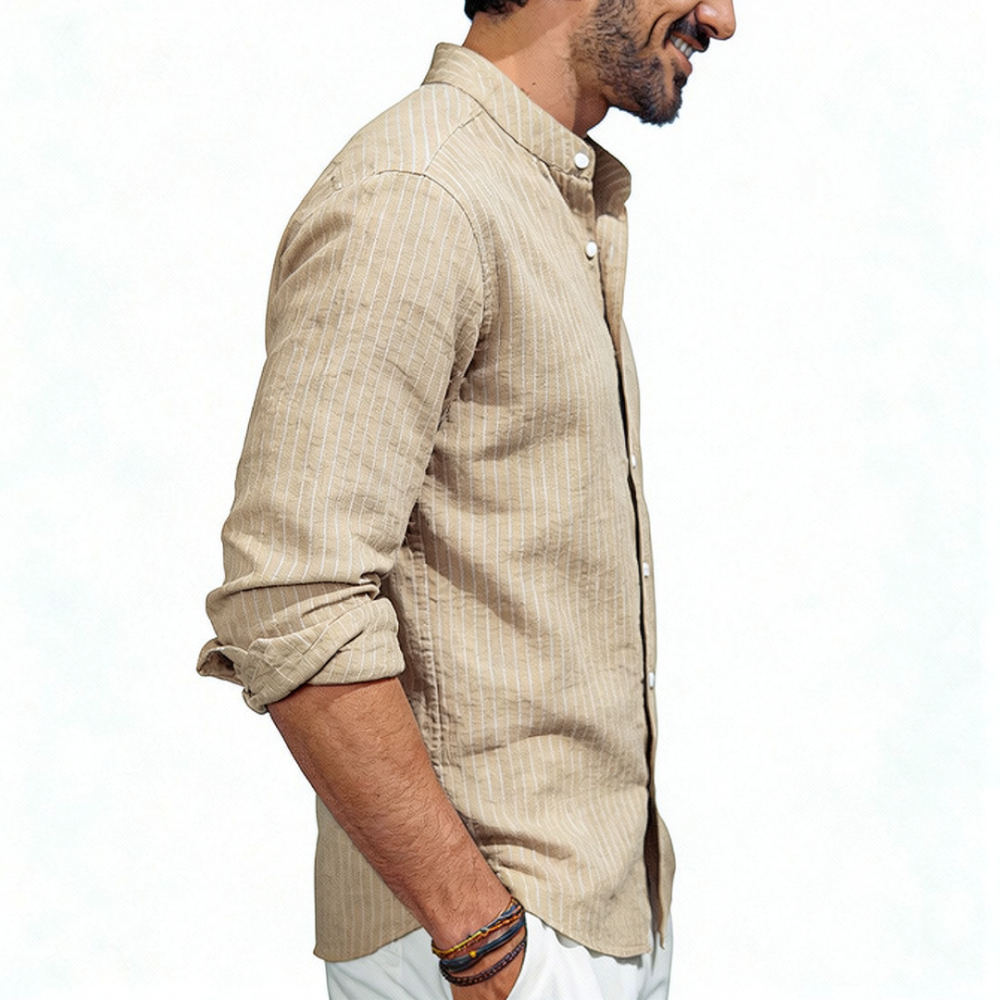メンズ スタンドカラー リネンシャツ 長袖 縦縞模様 ゆった - Casual Loose Linen Shirt Dress のレビューと価格