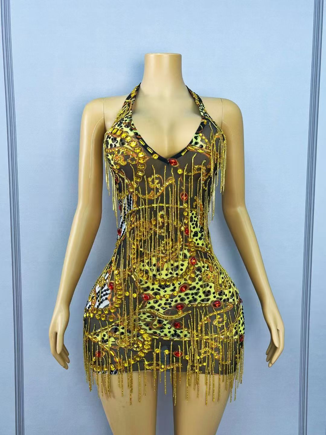 キラキラ輝くゴールドラインストーンチェーン付きボディコンミニ - Sparkly Rhinestone Club Party Dress のレビューと価格