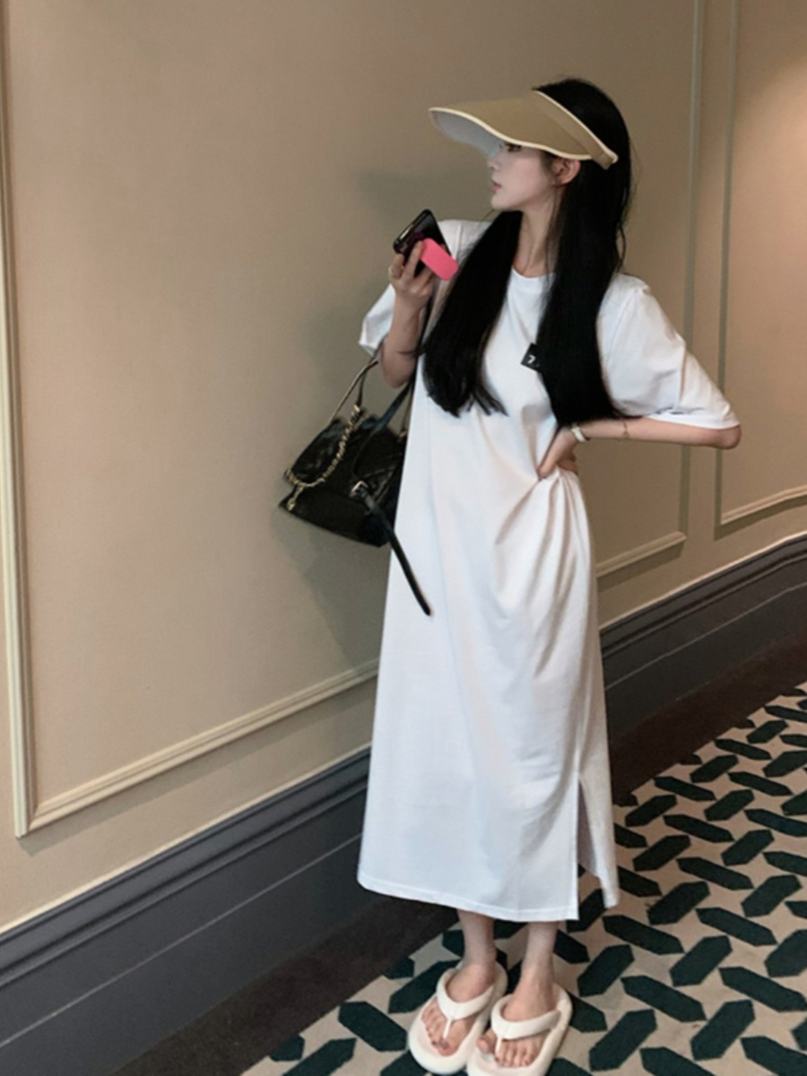 黒半袖 Tシャツドレス女性夏ルーズミディ膝丈ガウンバックプリ - Korean Style A Line Shirt Dress のレビューと価格