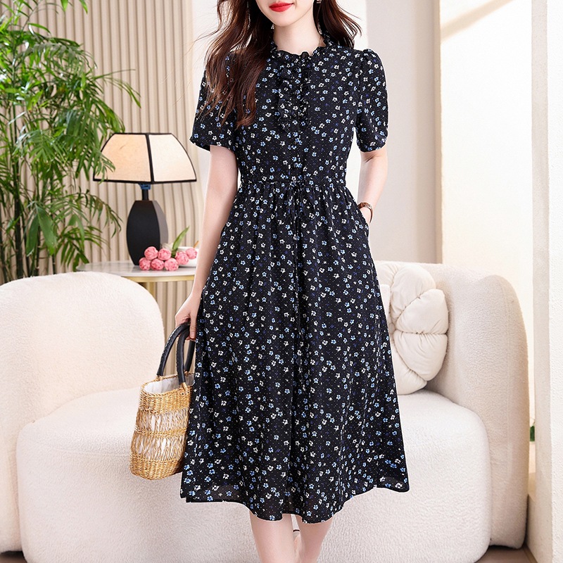 ヴィンテージネイビーブルー花柄ミディドレスフリルVネック半袖 - French Vintage Floral Midi Dress のレビューと価格