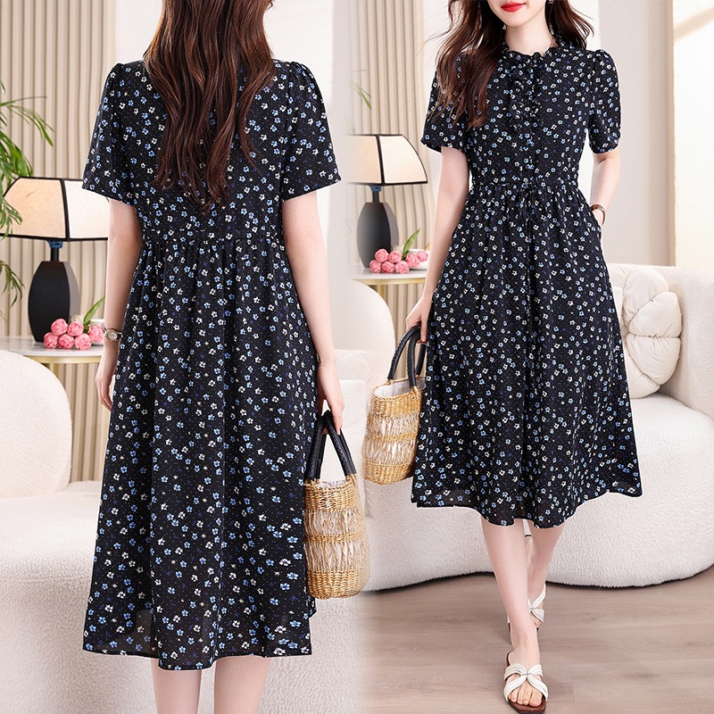 ヴィンテージネイビーブルー花柄ミディドレスフリルVネック半袖 - French Vintage Floral Midi Dress のレビューと価格