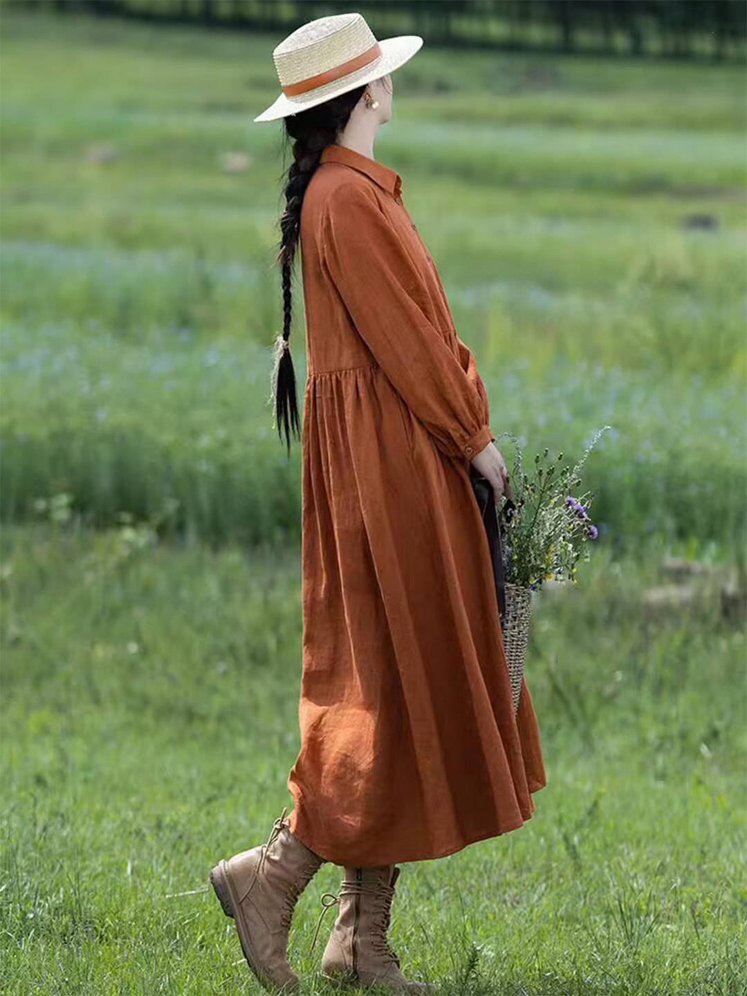 女性用、オレンジ色のリネン素材、マキシ丈、シャツ襟、長袖パフ - Casual Loose Linen Shirt Dress のレビューと価格