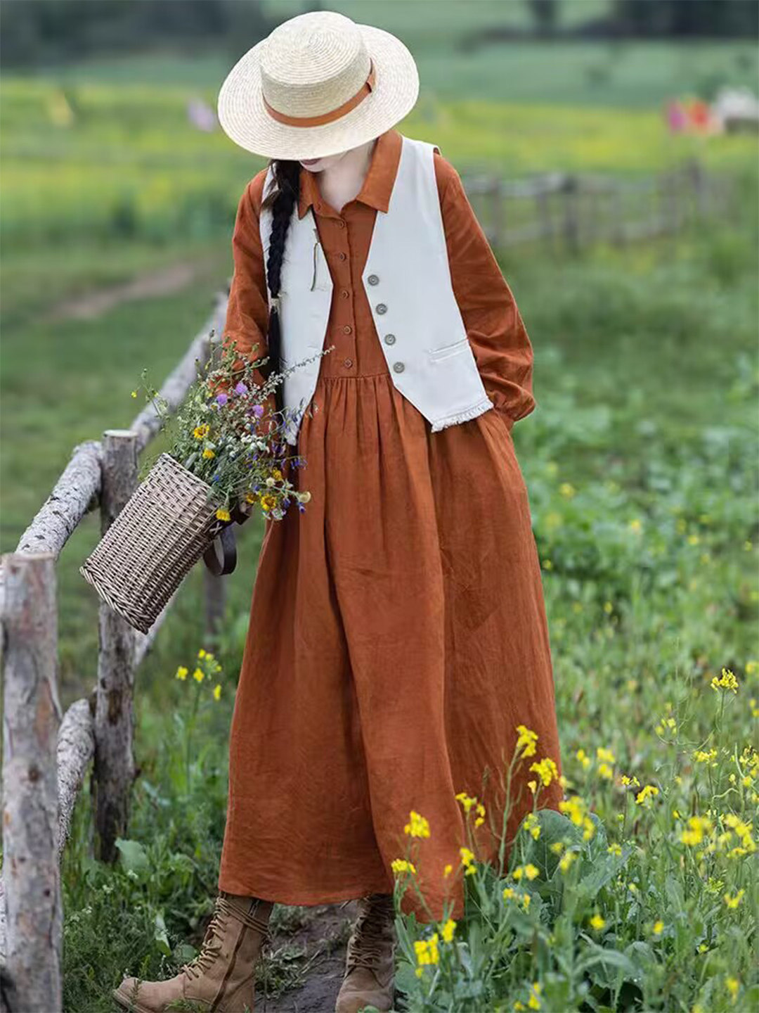 女性用、オレンジ色のリネン素材、マキシ丈、シャツ襟、長袖パフ - Casual Loose Linen Shirt Dress のレビューと価格
