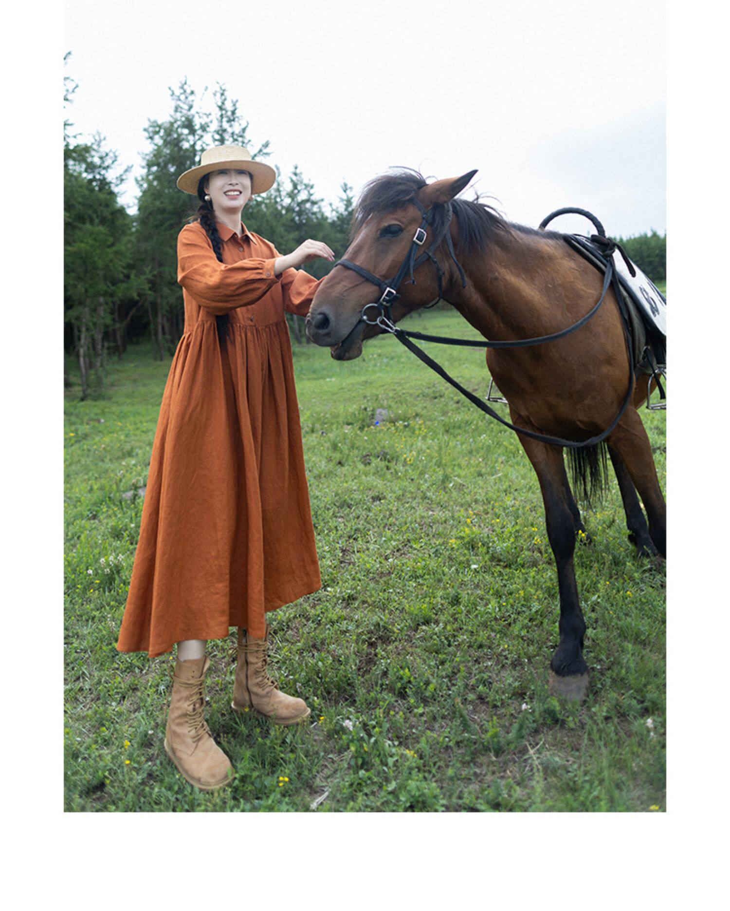 女性用、オレンジ色のリネン素材、マキシ丈、シャツ襟、長袖パフ - Casual Loose Linen Shirt Dress のレビューと価格