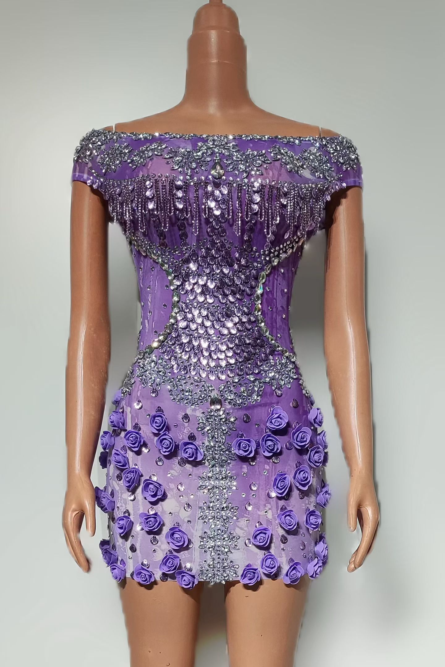 キラキラ輝くパープルラインストーン3Dローズオフショルダーミ - Sparkly Rhinestone Club Party Dress のレビューと価格