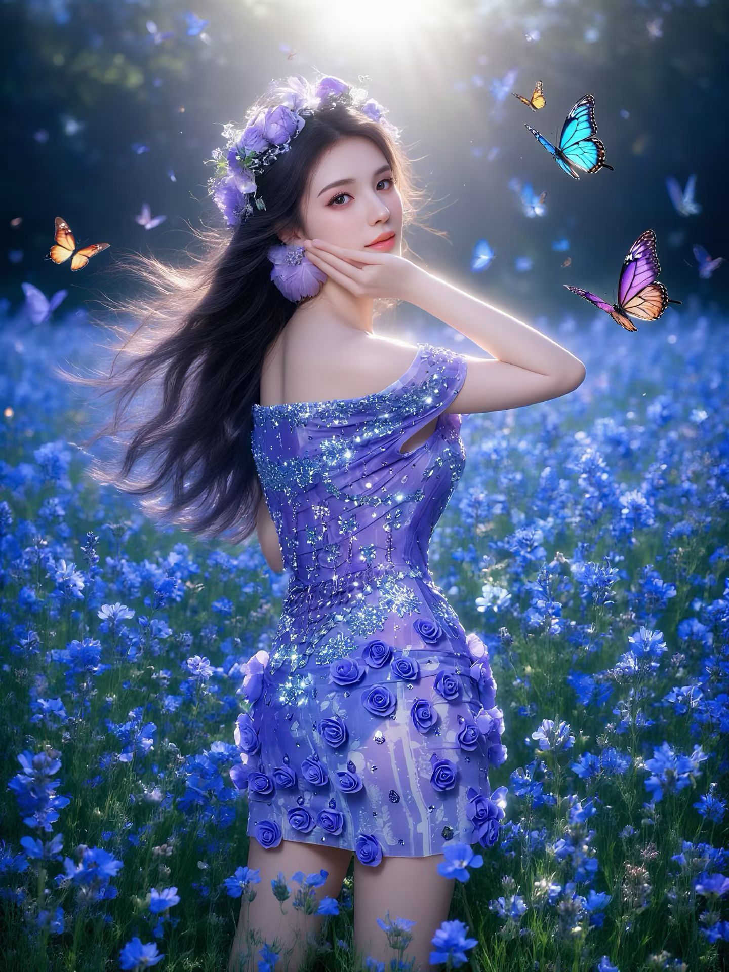 キラキラ輝くパープルラインストーン3Dローズオフショルダーミ - Sparkly Rhinestone Club Party Dress のレビューと価格