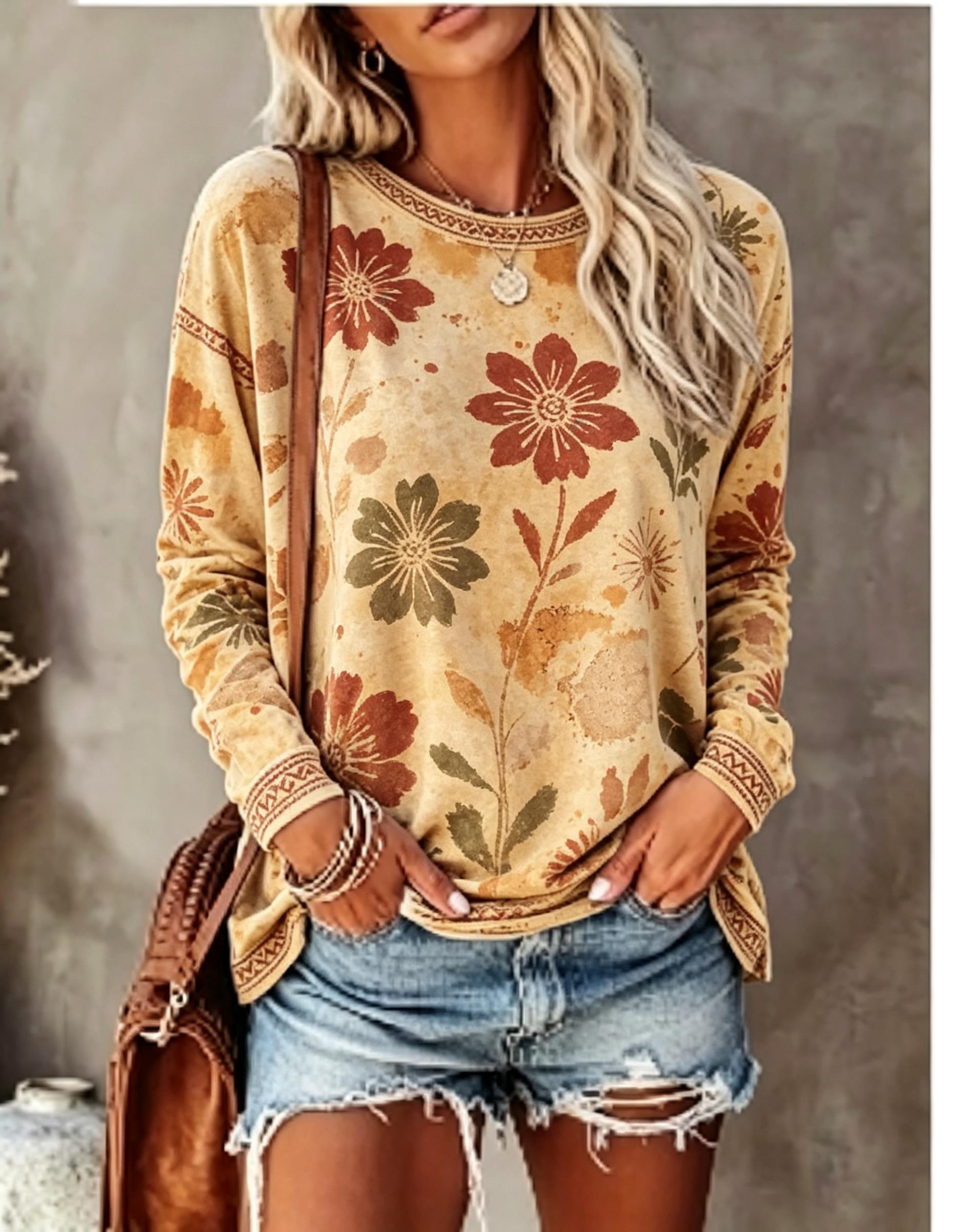 レディースクルーネック長袖Tシャツ、ヴィンテージフローラルロ - Blouses のレビューと価格