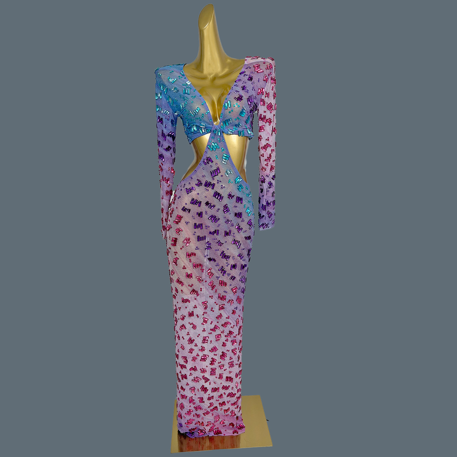 キラキラ輝くラインストーン付きディープVネックロングドレス  - Sparkly Rhinestone Club Party Dress のレビューと価格